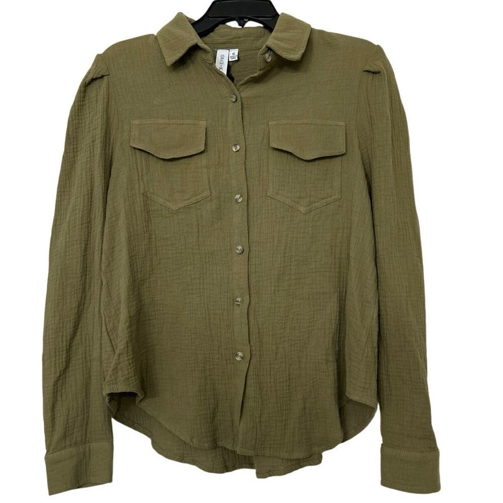 Grace+Karma Olive Green Gauze Cotton Button Down Oversized Blouse Small New